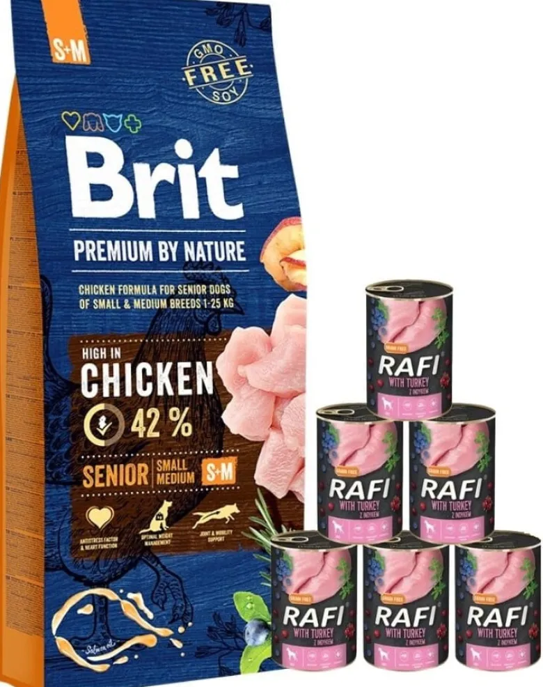 BRIT Premium By Nature Senior Small Medium S+M 15kg + cibo umido con tacchino 6 x 400g
