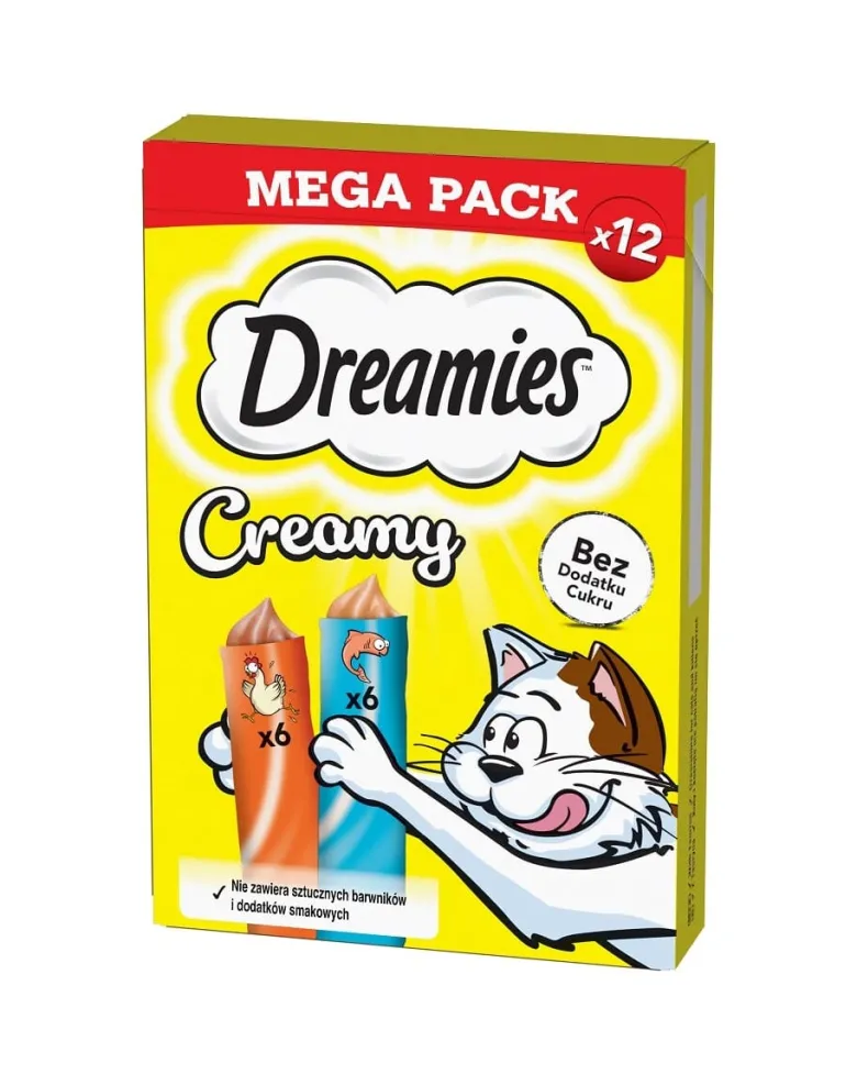 DREAMIES Creamy MEGA PACK cibo complementare con pollo e salmone 12x10 g