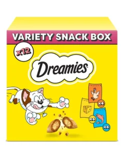 DREAMIES Variety Snack Box Croccantini per gatti al gusto di pollo, formaggio e salmone 12x60 g