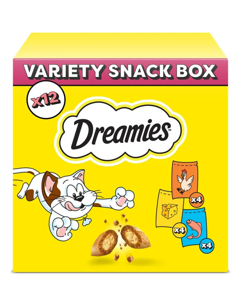 DREAMIES Variety Snack Box Croccantini per gatti al gusto di pollo, formaggio e salmone 12x60 g