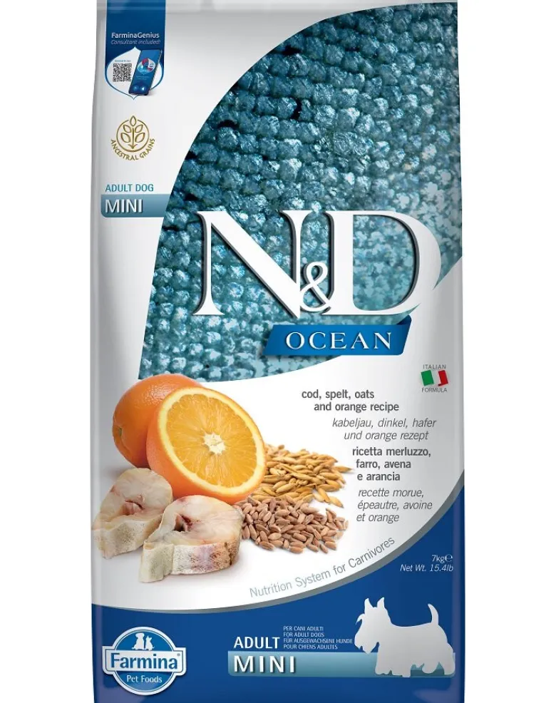 FARMINA N&D Ocean Adult Mini Codfish, Oats, and Orange 7 kg