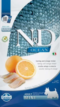 FARMINA N&D Ocean Dog Adult Mini aringa e arancia 2,5 kg per cani di piccola taglia + FARMINA N&D Quinoa Dental Treat Digestion Mini 60 g (7 pezzi) GRATIS!
