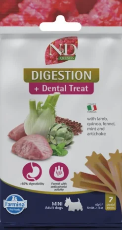 FARMINA N&D Ocean Dog Adult Mini aringa e arancia 2,5 kg per cani di piccola taglia + FARMINA N&D Quinoa Dental Treat Digestion Mini 60 g (7 pezzi) GRATIS!
