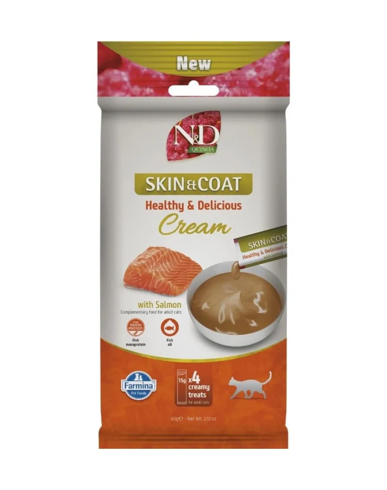 FARMINA N&D Quinoa Cat Skin Coat Cream Salmon 60 g con salmone, prelibatezza cremosa per gatti che supporta la salute della pelle e del pelo