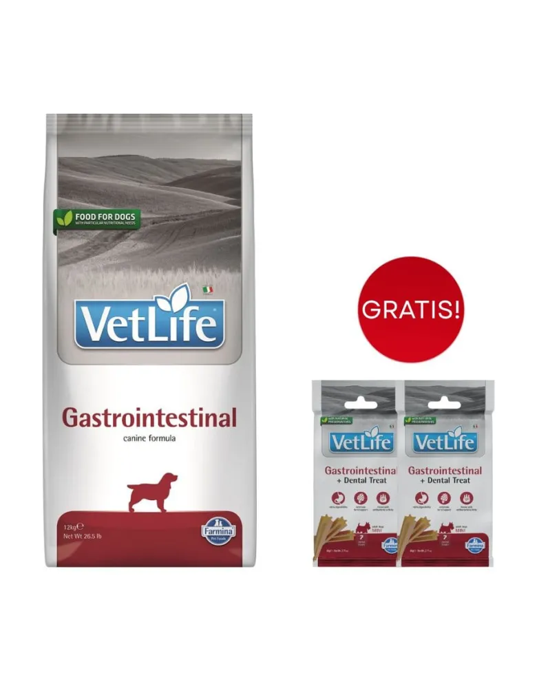 FARMINA Vet Life Gastrointestinal Dog 12kg mangime per cani con problemi digestivi + 2 confezioni di FARMINA Vet Life Dental Treat Gastrointestinal Mini da 60 g (7 pezzi) GRATIS!
