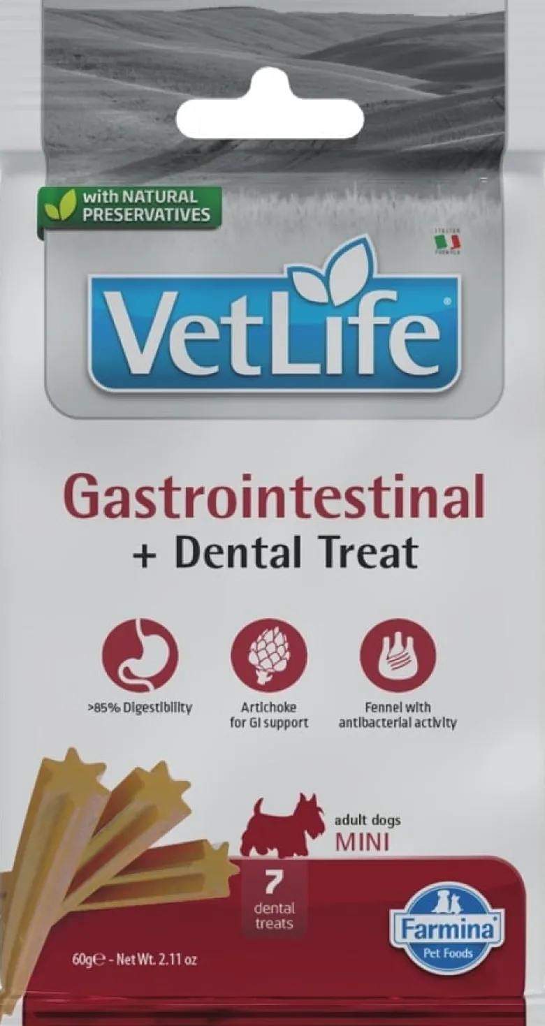 FARMINA Vet Life Gastrointestinal Dog 12kg mangime per cani con problemi digestivi + 2 confezioni di FARMINA Vet Life Dental Treat Gastrointestinal Mini da 60 g (7 pezzi) GRATIS!
