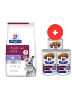 HILL'S Prescription Diet Digestive Care i/d ActivBiome per cani alimento a basso contenuto di grassi con pollo 12kg + 3 scatolette da 360g di cibo umido per cani GRATIS