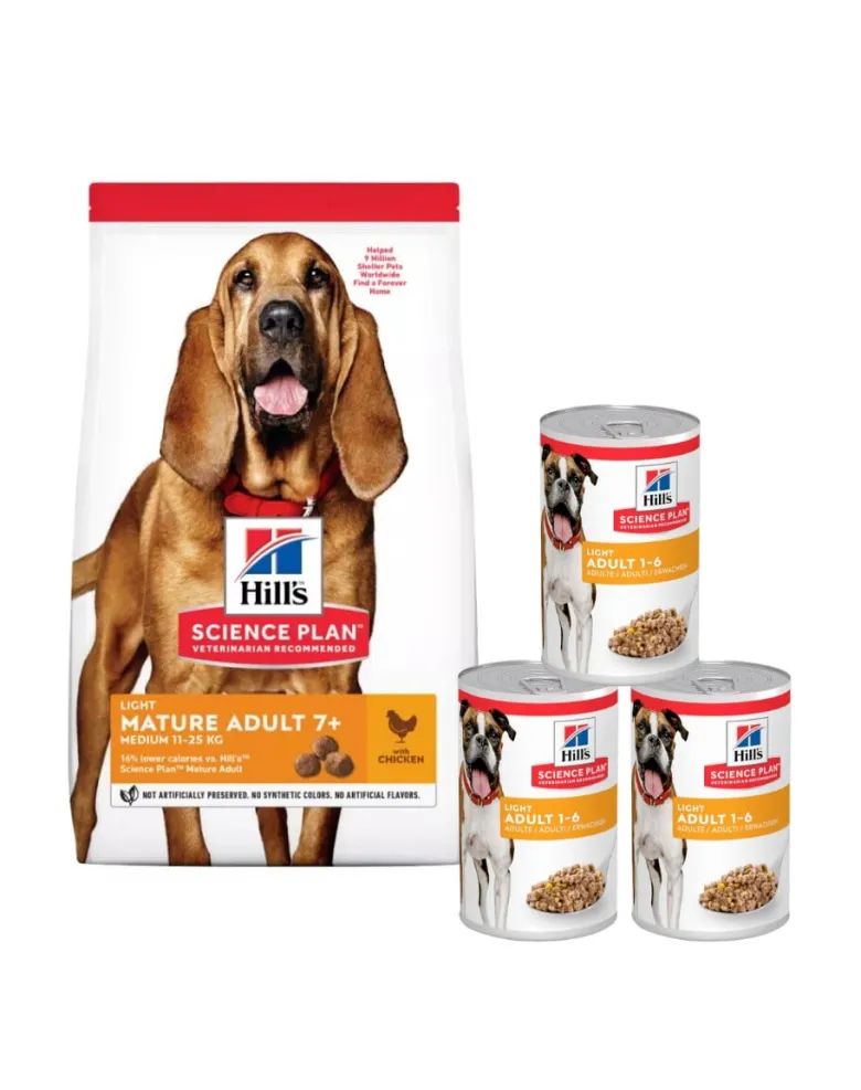 HILL'S Science Plan 7+ Dog Mature Light Medium Chicken 14kg per cani anziani + 3 lattine GRATIS