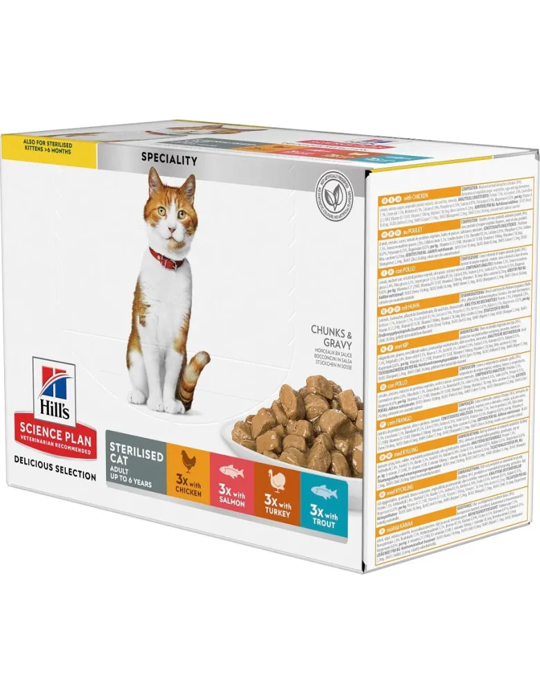 HILL'S Science Plan Feline Young Adult Sterilised Cat Multipack con il pollo, con la trota, con il tonno, con il salmone 12 x 85g