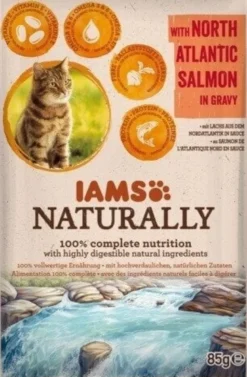 IAMS Naturally Adult Cat con salmone dell'Atlantico in salsa 3 x 85 g + 1 GRATIS
