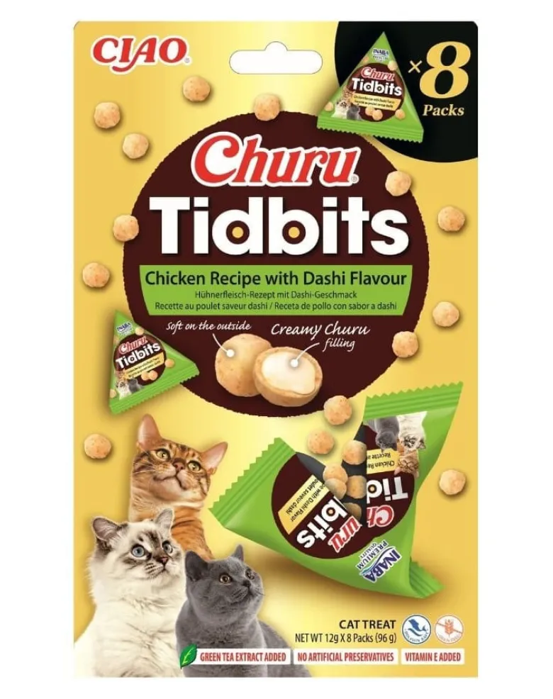 INABA Cat Churu Tidbits Chicken Recipe with Dashi Flavor 8x12g delicati bocconcini morbidi e cremosi al pollo con brodo dashi per gatti