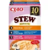 INABA Cat Ciao Stew Creamy Variety 10x40g mix di prelibatezze con pollo, tonno e salmone in salsa cremosa