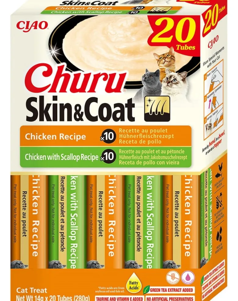 INABA Churu Cat Skin Coat 20x14g pollo, pollo e capesante crema snack per gatti