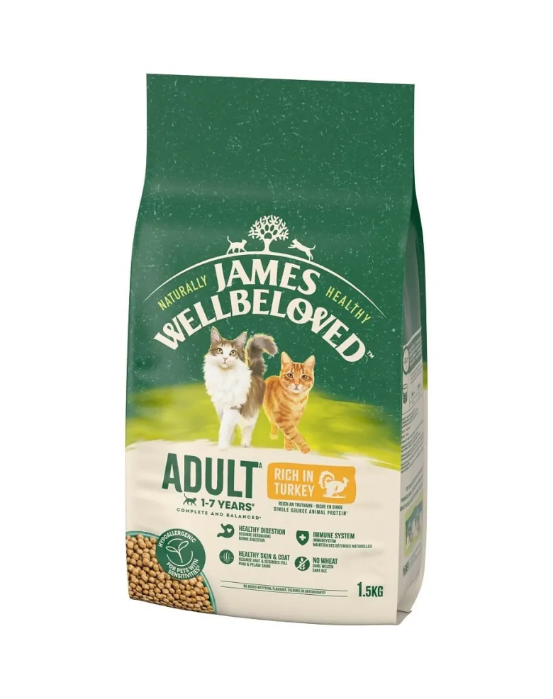 JAMES WELLBELOVED 1,5 kg alimento secco completo per gatti adulti da 1 a 7 anni ricco di tacchino
