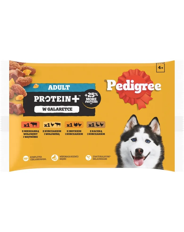 PEDIGREE Adult Protein+ bustine 4x85 g cibo umido completo per cani adulti con mix di manzo e fegato, con pollo e manzo, con tacchino e pollo, con anatra e pollo in gelatina
