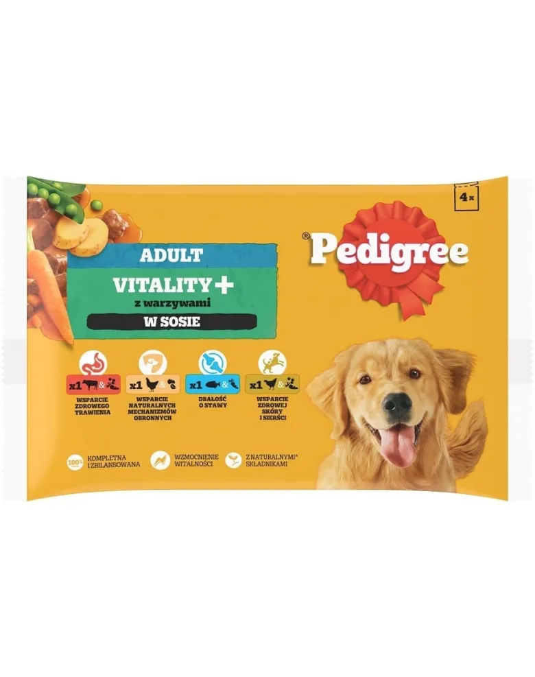 PEDIGREE Adult Vitality+ con verdure bustine 4x85 g cibo umido completo per cani adulti con manzo e fegato, carote e piselli, con pollo e patate, con pesce e carote, con pollame, carote e piselli in salsa
