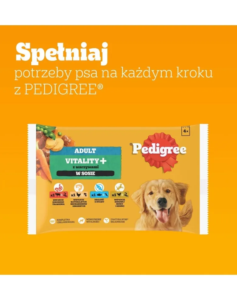 PEDIGREE Adult Vitality+ con verdure bustine 4x85 g cibo umido completo per cani adulti con manzo e fegato, carote e piselli, con pollo e patate, con pesce e carote, con pollame, carote e piselli in salsa