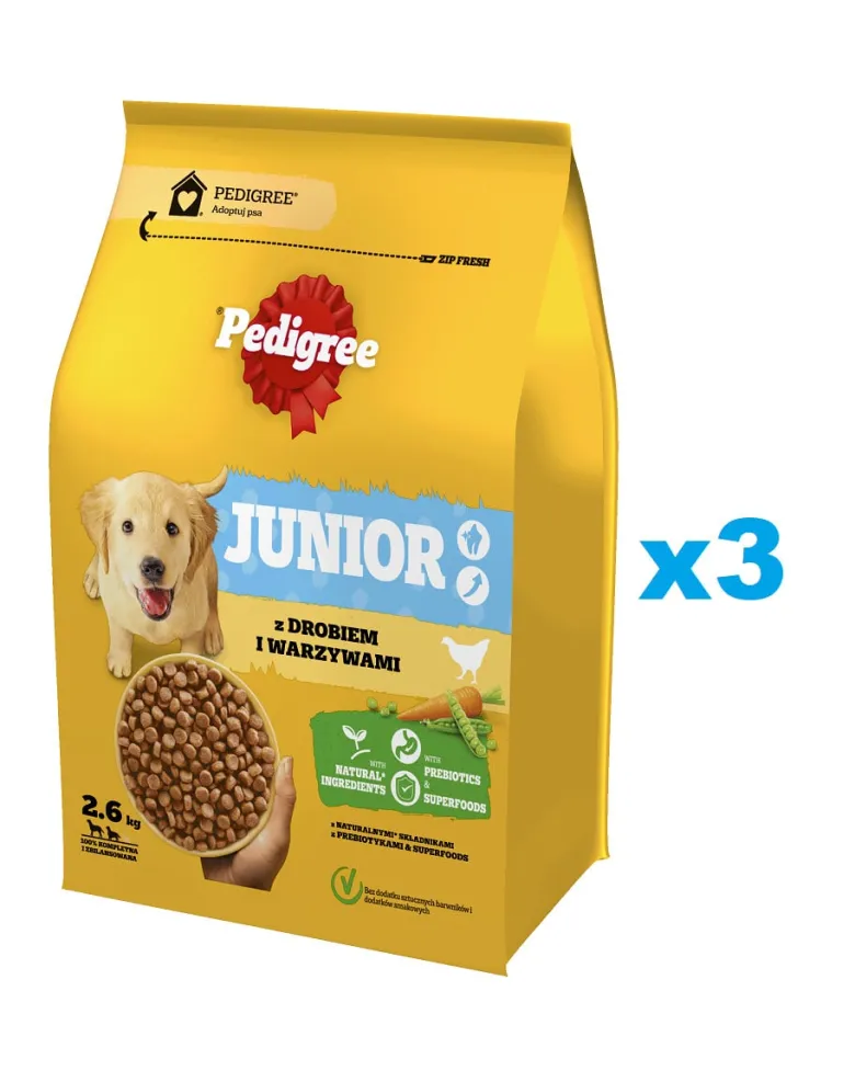 PEDIGREE Junior 3x2,6kg alimento completo con pollame e verdure per la crescita di cani di taglia grande e media