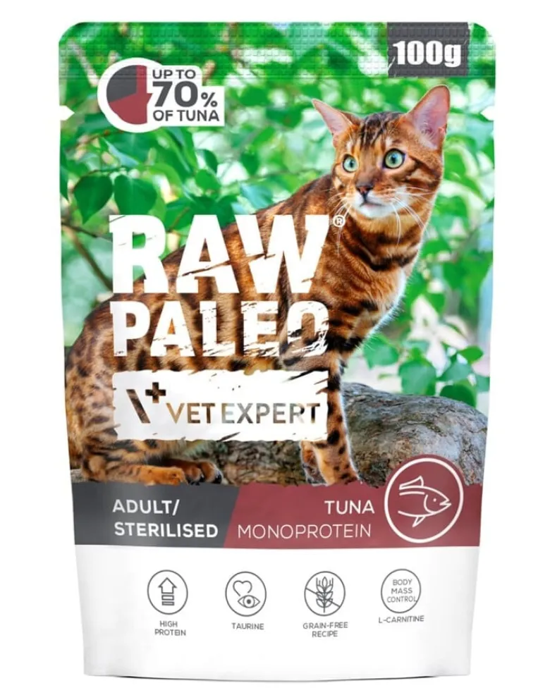 RAW PALEO Monoprotein Adult Sterilised Cat Tuna 100 g per gatti adulti e sterilizzati con tonno