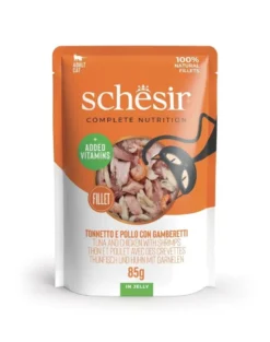 SCHESIR Jelly Adult Tuna&Chicken&Shrimps 85g tonno e pollo con gamberetti in gelatina
