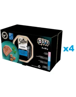 SHEBA Classics Sapori di pesce in vaschetta 32x85 g Alimento umido completo per gatti adulti con salmone, pesce bianco e carote, tonno e verdure, merluzzo