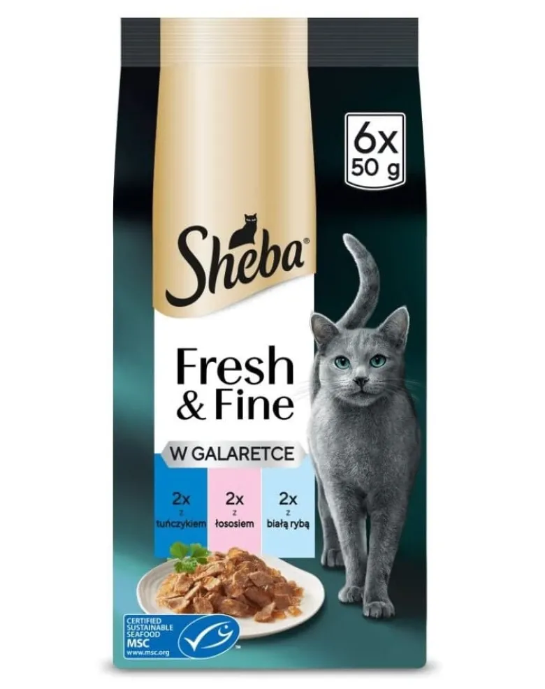 SHEBA Fresh & Fine in gelatina 6x50g con tonno, salmone e pesce bianco, cibo umido per gatti