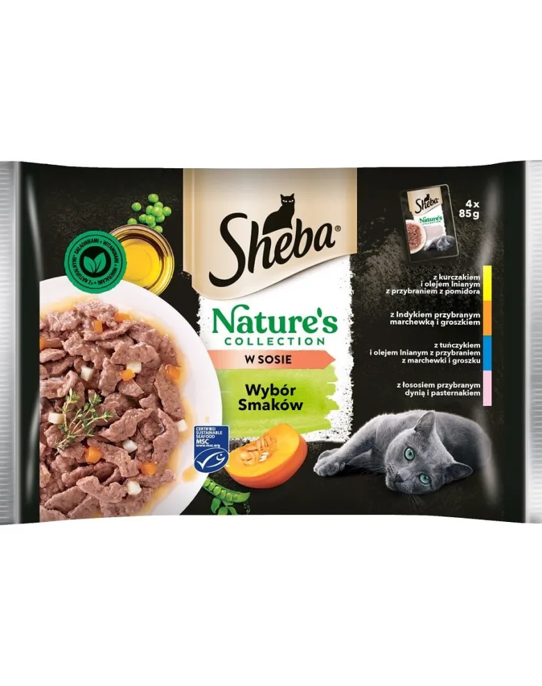 SHEBA Nature’s Collection Selezione di sapori 4x85 g Alimento umido completo per gatti adulti, bocconcini in salsa con pollo, tacchino, tonno e salmone