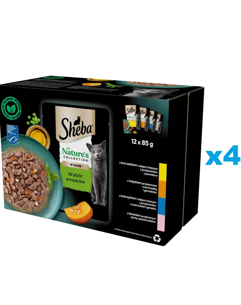 SHEBA Nature’s Collection Selezione di sapori 48x85 g Alimento umido completo per gatti adulti, bocconcini in salsa con pollo, tacchino, tonno, salmone
