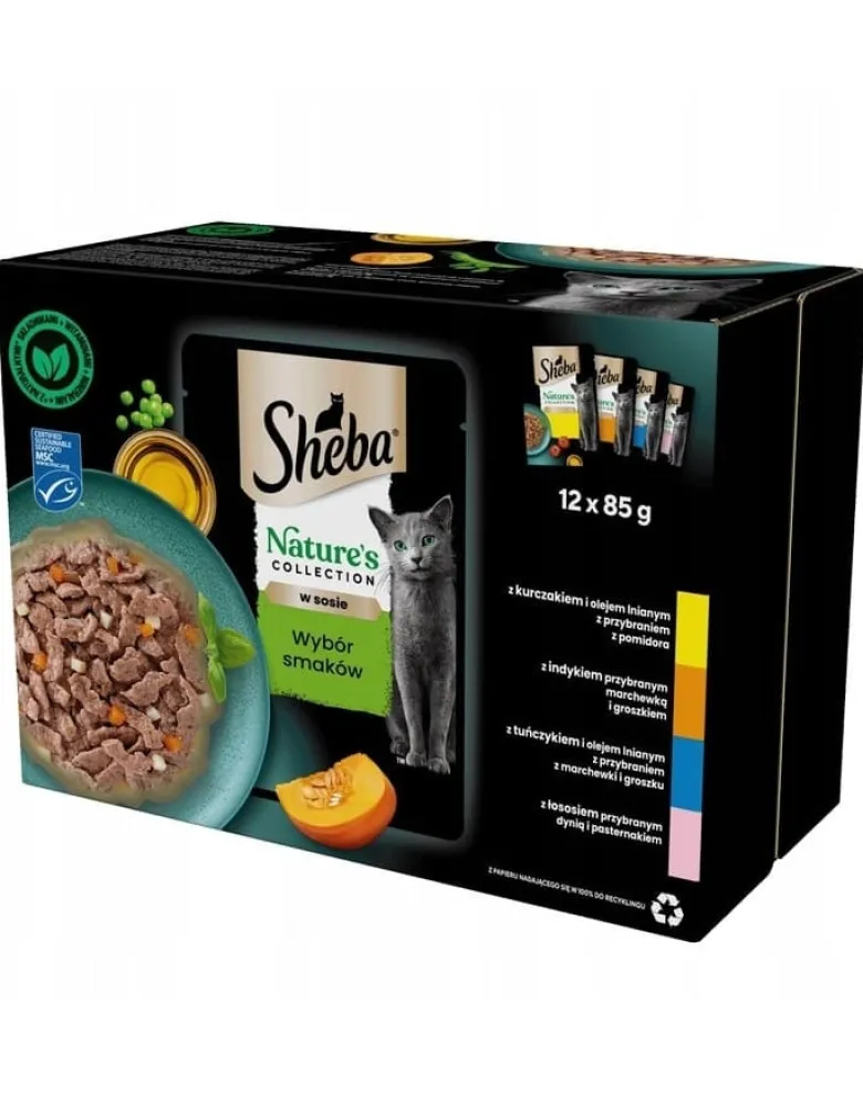 SHEBA Nature’s Collection Selezione di sapori 48x85 g Alimento umido completo per gatti adulti, bocconcini in salsa con pollo, tacchino, tonno, salmone