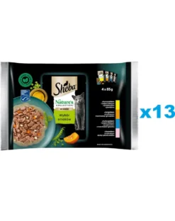 SHEBA Nature’s Collection Selezione di sapori 52x85 g Alimento umido completo per gatti adulti, bocconcini in salsa con pollo, tacchino, tonno e salmone