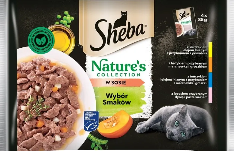 SHEBA Nature’s Collection Selezione di sapori 52x85 g Alimento umido completo per gatti adulti, bocconcini in salsa con pollo, tacchino, tonno e salmone