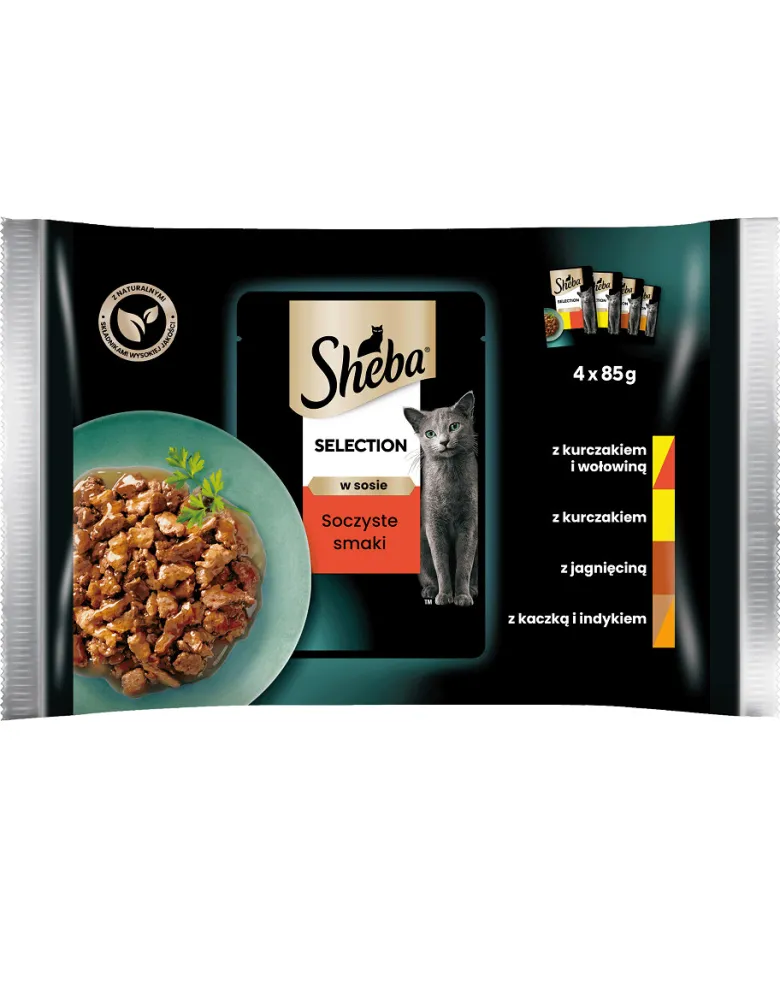 SHEBA Selection Juicy Flavours 4x85g Alimento umido completo per gatti adulti bocconcini in salsa con pollo e manzo, pollo, agnello, anatra e tacchino