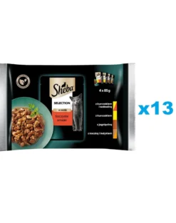 SHEBA Selection Juicy Flavours 52x85g Alimento umido completo per gatti adulti bocconcini in salsa con pollo e manzo, pollo, agnello, anatra e tacchino