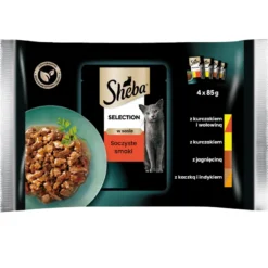 SHEBA Selection Juicy Flavours 52x85g Alimento umido completo per gatti adulti bocconcini in salsa con pollo e manzo, pollo, agnello, anatra e tacchino