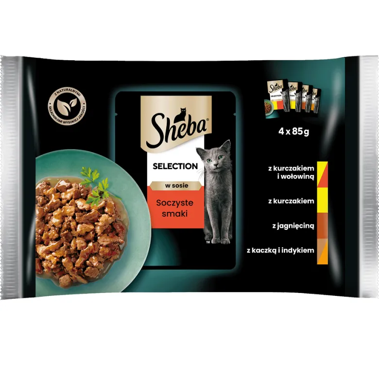SHEBA Selection Juicy Flavours 52x85g Alimento umido completo per gatti adulti bocconcini in salsa con pollo e manzo, pollo, agnello, anatra e tacchino