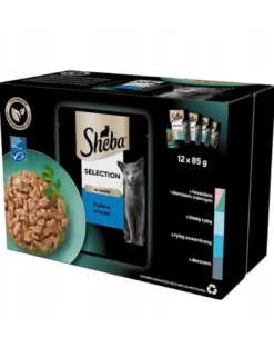 SHEBA Selection Sapori di pesce in bustina 12x85g Alimento umido completo per gatti adulti bocconcini in salsa con salmone e merluzzo nero, pesce bianco, pesce oceanico, merluzzo