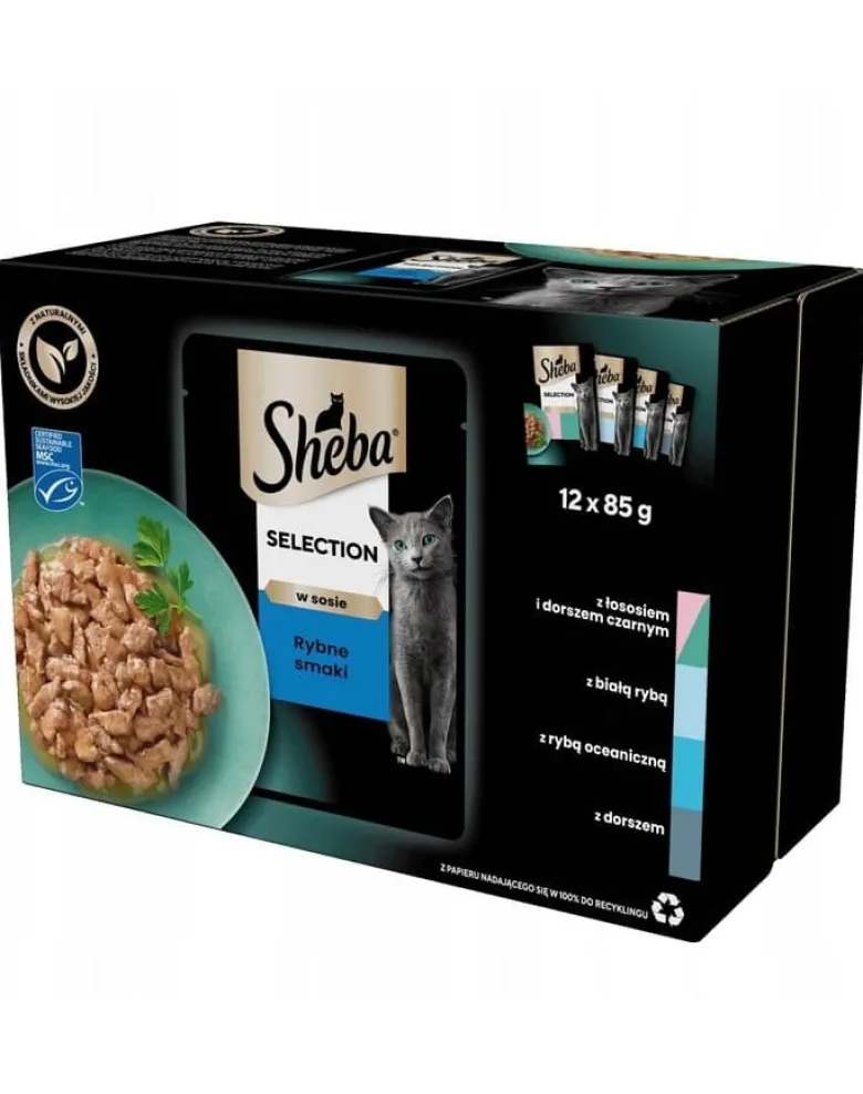 SHEBA Selection Sapori di pesce in bustina 48x85g Alimento umido completo per gatti adulti bocconcini in salsa con salmone e merluzzo nero, pesce bianco, pesce oceanico, merluzzo