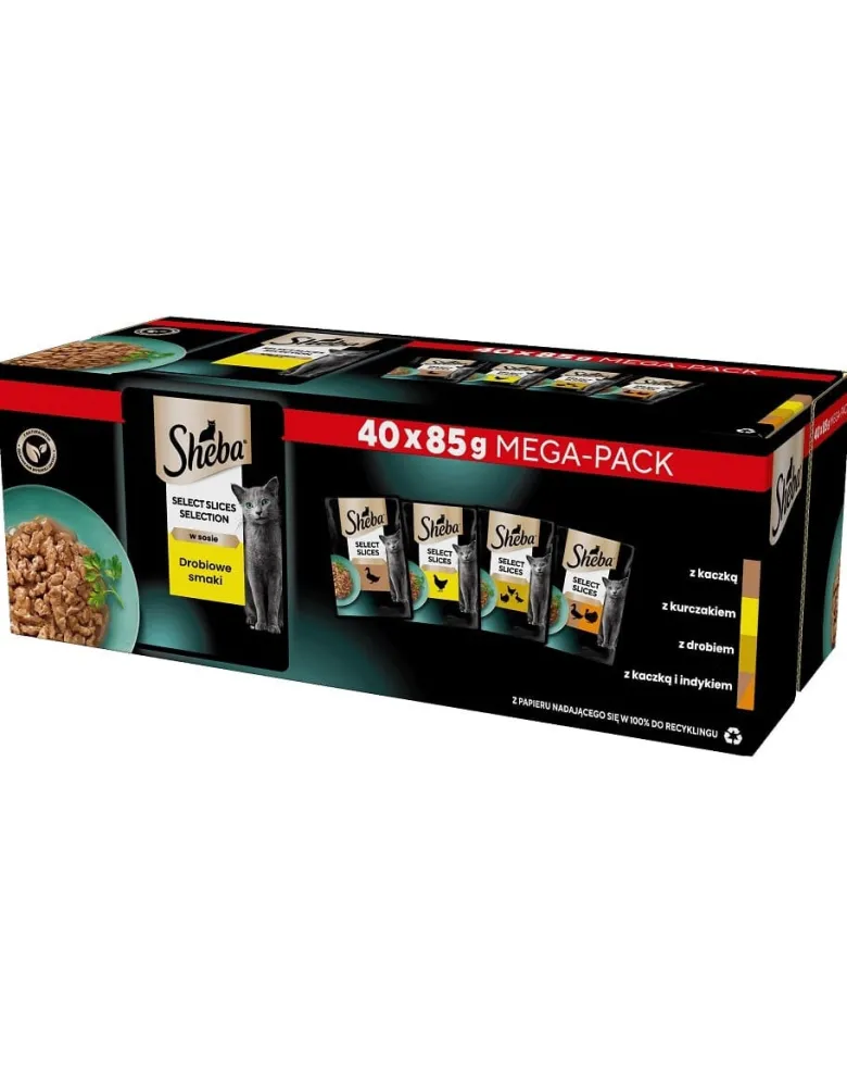 SHEBA Selection Select Slices Bustine al gusto di pollame 40 x 85g pezzi in salsa con: anatra, pollo, pollame, anatra e tacchino per gatti adulti