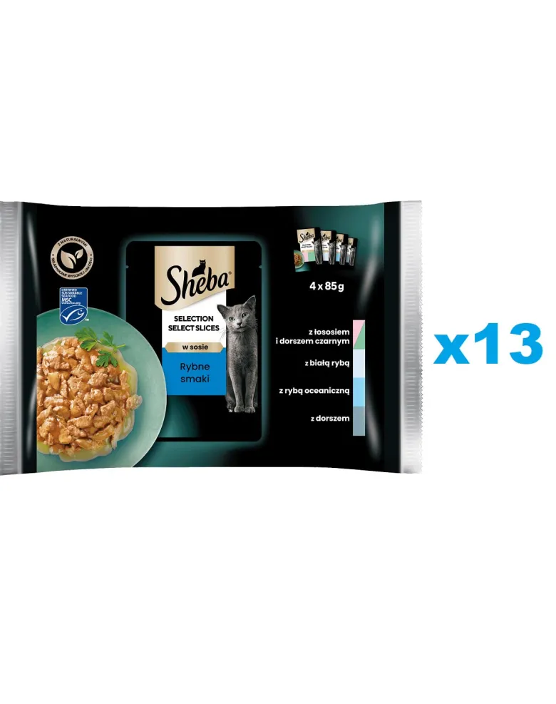 SHEBA Selection Select Slices Sapori di pesce 52x85g Alimento umido completo in salsa per gatti bocconcini con salmone e merluzzo nero, pesce bianco, pesce oceanico, merluzzo