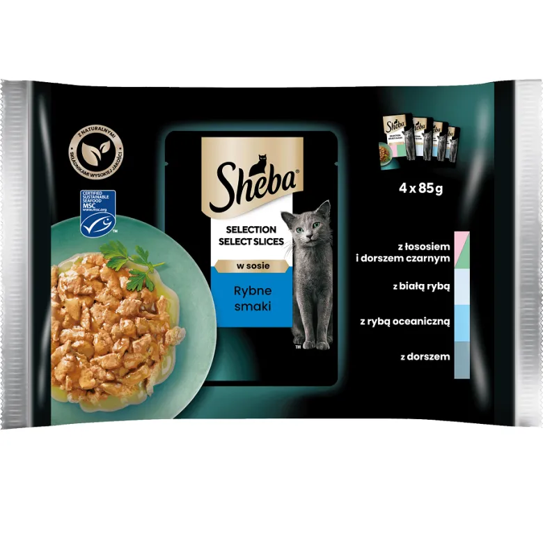 SHEBA Selection Select Slices Sapori di pesce 52x85g Alimento umido completo in salsa per gatti bocconcini con salmone e merluzzo nero, pesce bianco, pesce oceanico, merluzzo