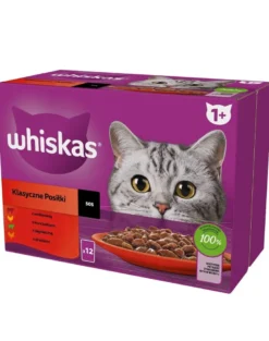 WHISKAS Adult Classic Meals 12x85g Alimento umido per gatti bocconcini con manzo, pollo, agnello e pollame in salsa
