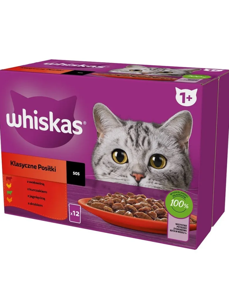 WHISKAS Adult Classic Meals 12x85g Alimento umido per gatti bocconcini con manzo, pollo, agnello e pollame in salsa