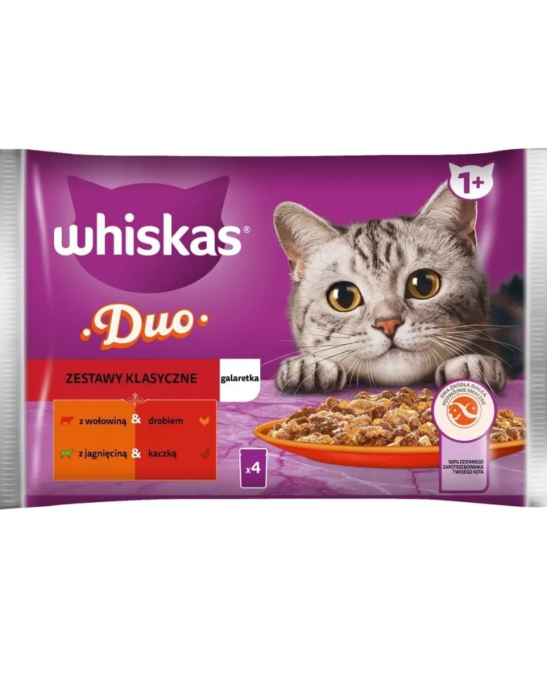 WHISKAS Adult in bustina 4x85g Alimento umido per gatti bocconcini in gelatina con manzo e pollame, agnello e anatra