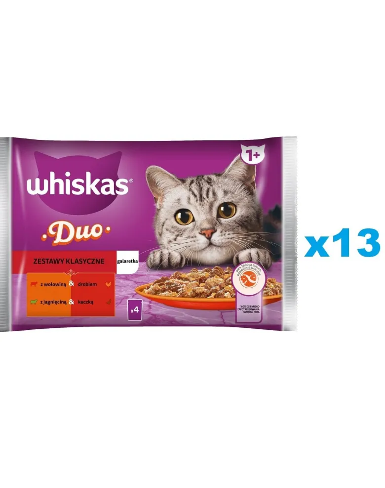 WHISKAS Adult in bustina 52x85g Alimento umido per gatti bocconcini in gelatina con manzo e pollame, agnello e anatra
