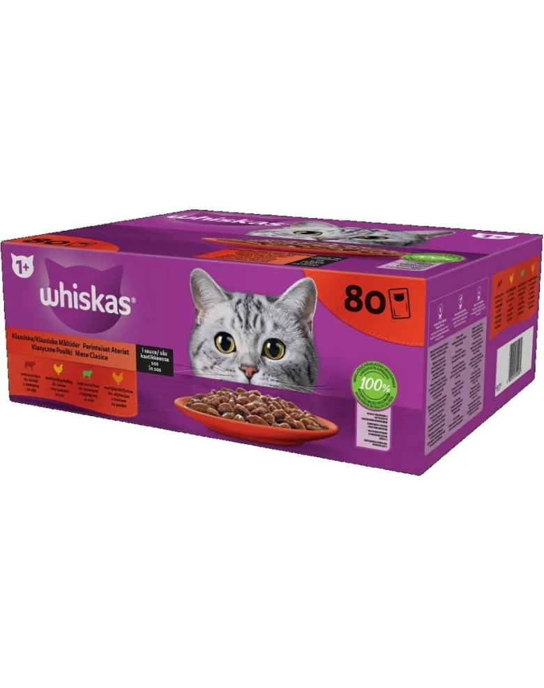 WHISKAS Adult Pasti Classici in bustina 80x85g cibo umido completo per gatti adulti in salsa pezzi di manzo, pollo, agnello, pollame