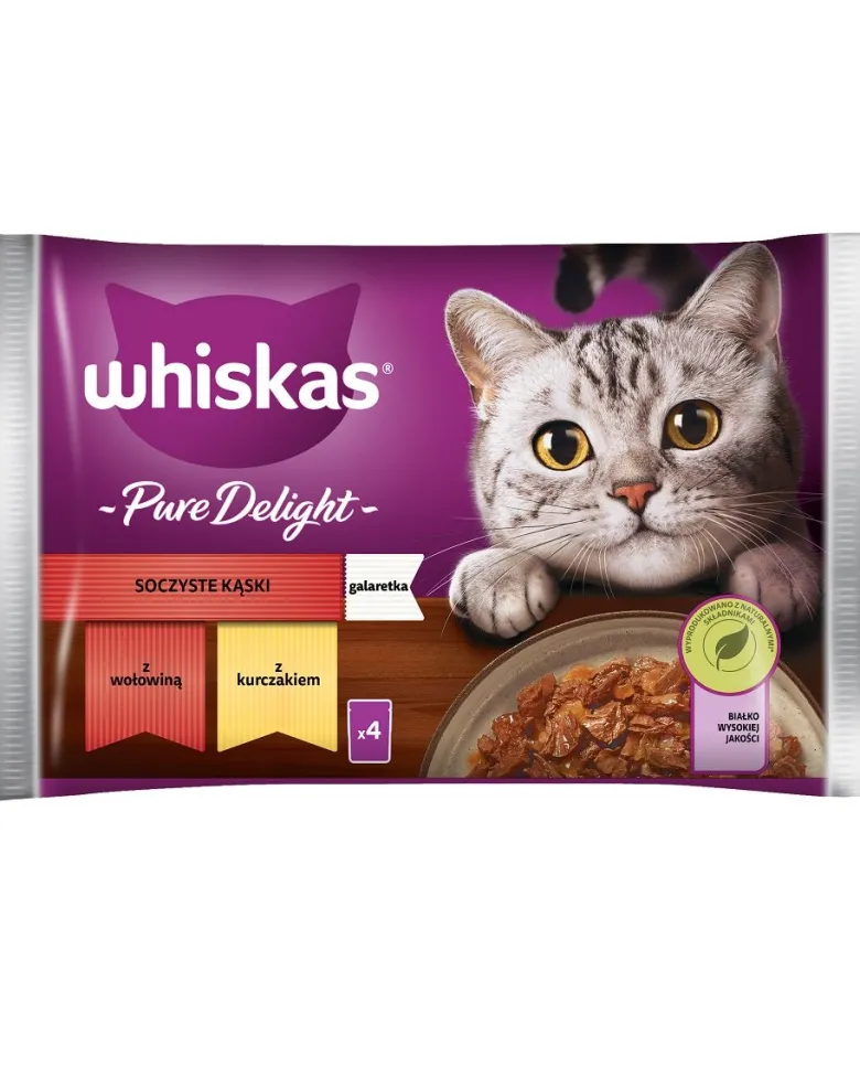 WHISKAS Adult Pure Delight 4x85g Alimento umido per gatti in pezzi con manzo e pollo