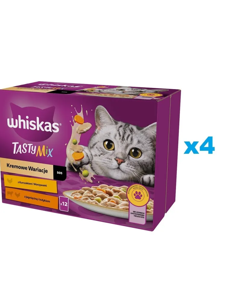 WHISKAS Adult Tasty Mix 48x85g Variazioni cremose con pollo e verdure, agnello e tacchino in salsa