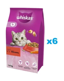 WHISKAS Adult 6x1,4 kg alimento secco completo per gatti adulti con carne di manzo