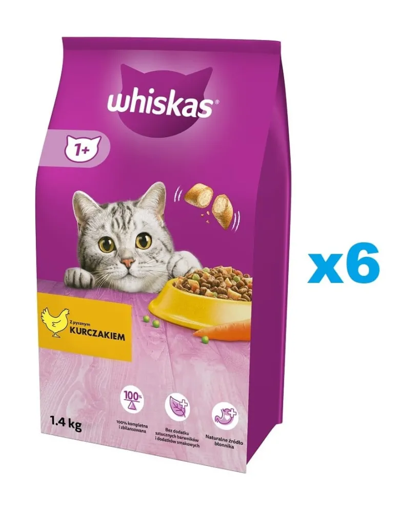WHISKAS Adult 6x1,4kg Alimento secco completo per gatti adulti con delizioso pollo