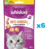 WHISKAS Anti Hairball 6x50g snack contro boli di pelo per gatti adulti